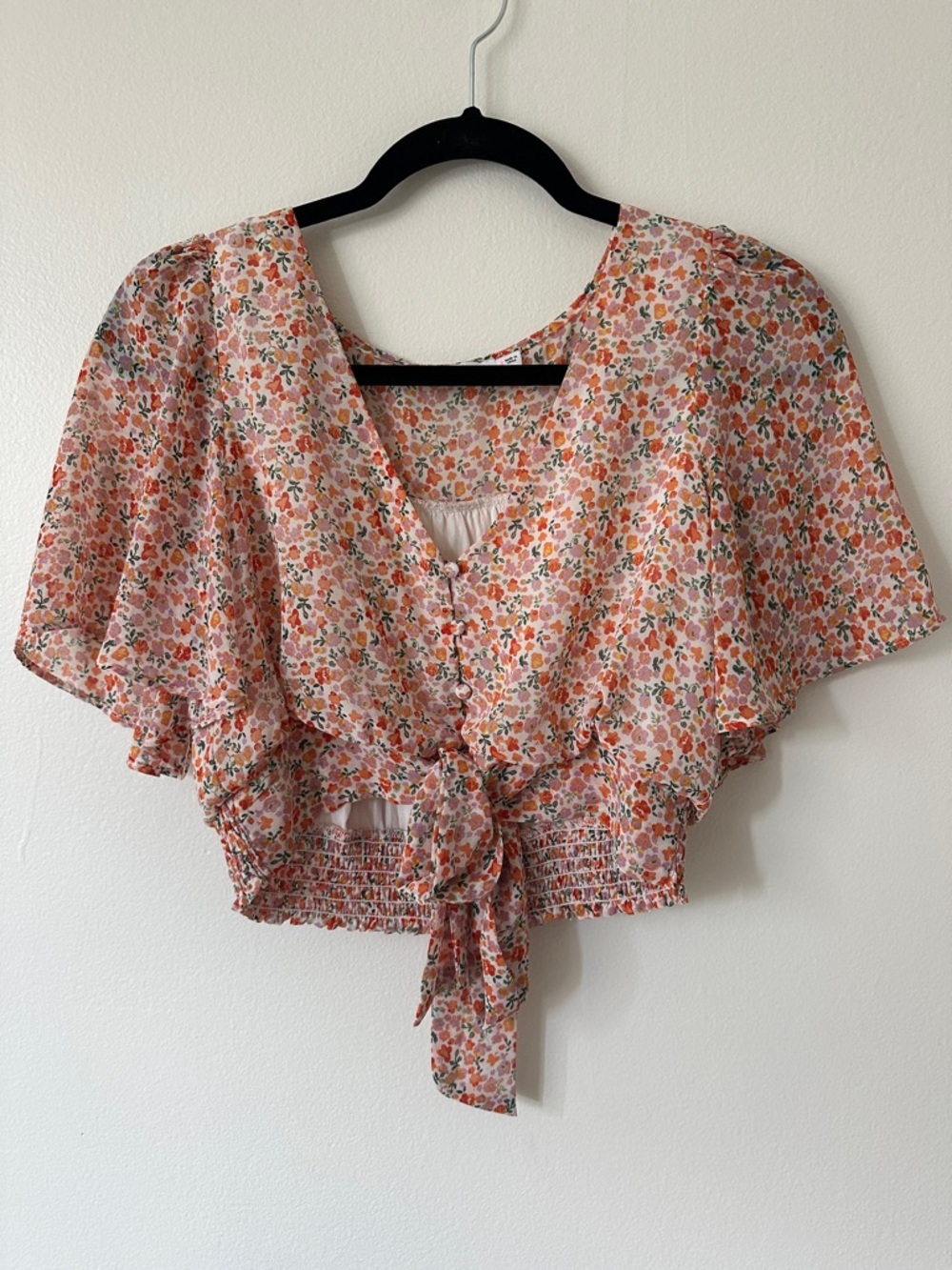 Lush Peach Floral Tie-Front Crop Blouse